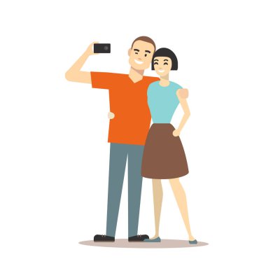 Çizgi film çift Selfie kavramı alır. Vektör