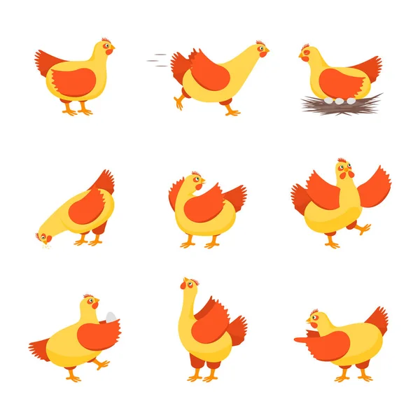 Personajes de dibujos animados Happy Hens Set. Vector — Archivo Imágenes Vectoriales