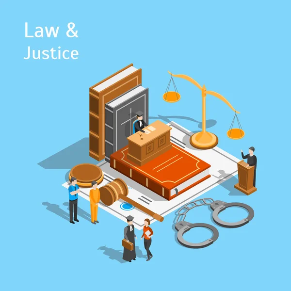 Law Justice Composition Concept Isometric View Include Court Judge Lawyer — Stock Vector