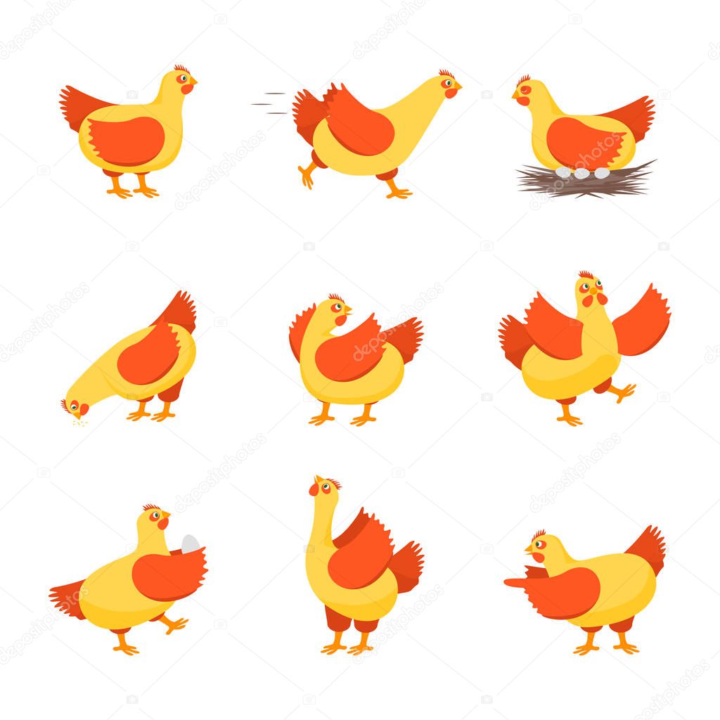 Cartoon Characters Happy Hens Set. Vector