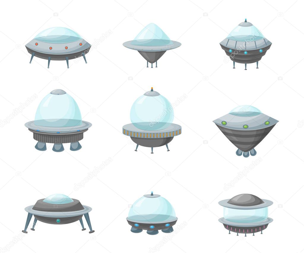 Cartoon Alien Spaceship or Ufo Ship Set. Vector