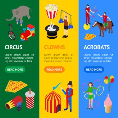 Sirk eğlence ve cazibe afiş Vecrtical izometrik görünümü ayarlayın. Vektör