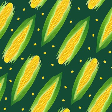 Gerçekçi detaylı 3d Corncobs sarı Mısır Dikişsiz desen arka plan ile. Vektör