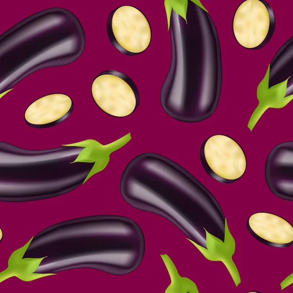 Réaliste détaillée 3d aubergine et Slice Seamless Pattern Contexte. Vecteur — Image vectorielle