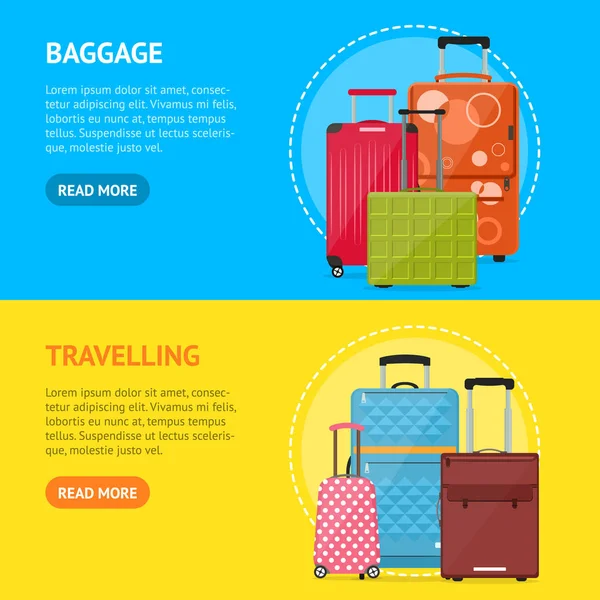 Cartoon Travel Suitcase Banner Horizontal Set. Vektor - Stok Vektor