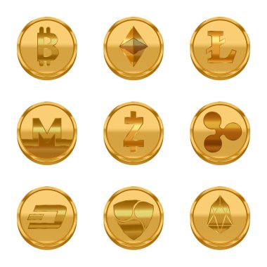 Gerçekçi detaylı 3d altın Cryptocurrency Icons Set. Vektör