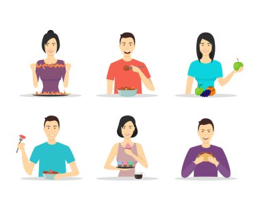 Çizgi film karakterleri insanlar yemek yeme ayarlayın. Vektör