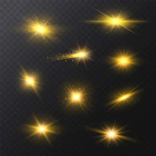 Realista detalhou 3D Golden Star Light Sparkles Set. Vetor —  Vetores de Stock