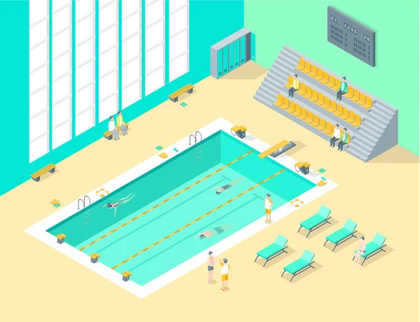 Interior Piscina Interior con Personas Vista Isométrica. Vector — Archivo Imágenes Vectoriales