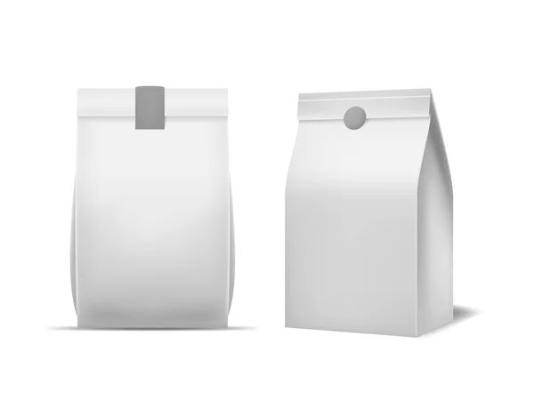 Realista detalhada 3d branco em branco saco de papel alimento modelo Mockup Set. Vetor — Vetor de Stock
