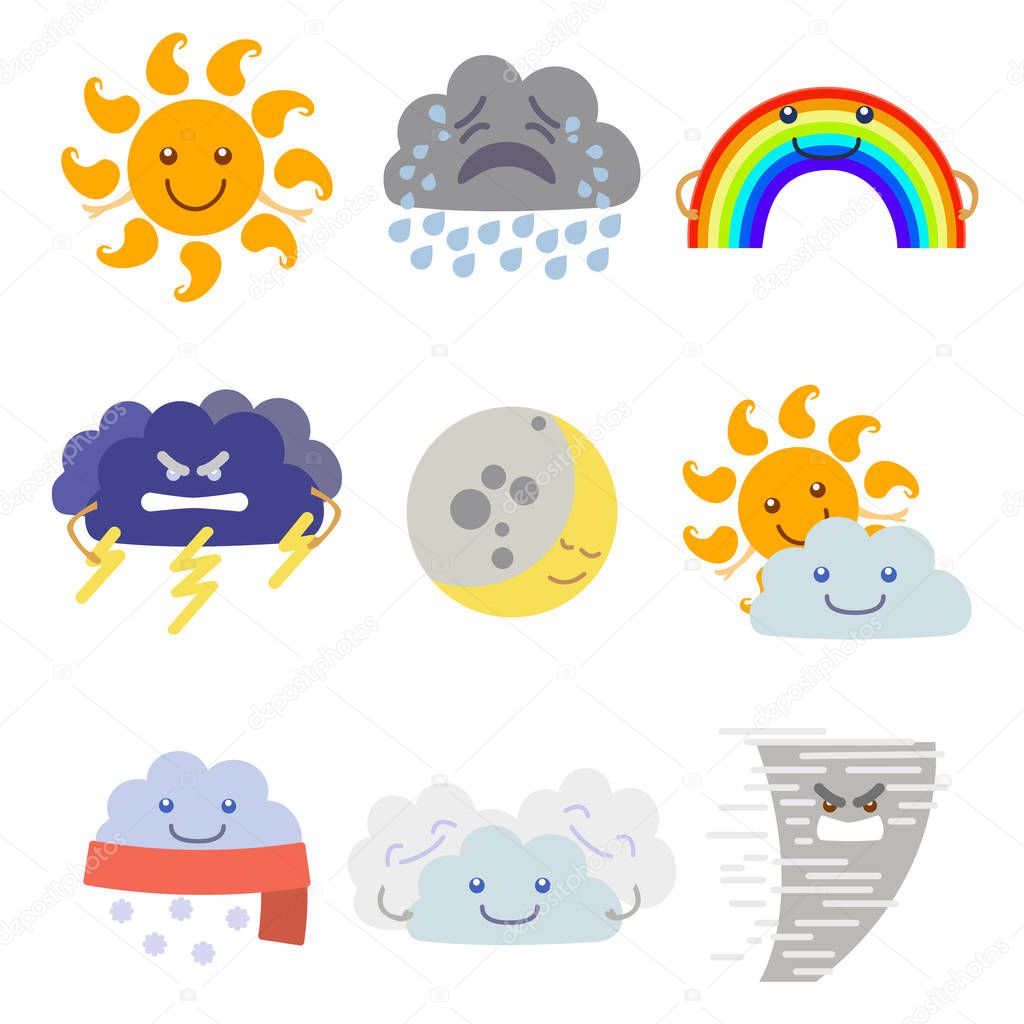 Cartoon Characters Weather Forecast Set. Vector