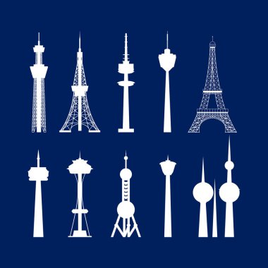 Çizgi film siluet beyaz yüksek kuleleri koleksiyonu. Vektör