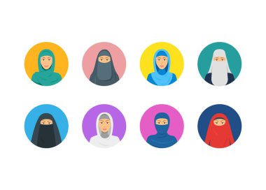 Çizgi film renk Ortadoğu kadınlar dini Avatar Set giyim. Vektör