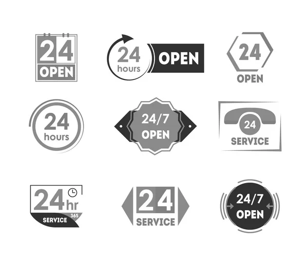 Desenhos animados 24 Horas Open Service Tag Icon Set. Vetor —  Vetores de Stock
