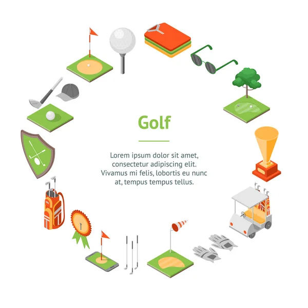 Golfspielausrüstung Banner Karte Kreis isometrische Ansicht. Vektor — Stockvektor