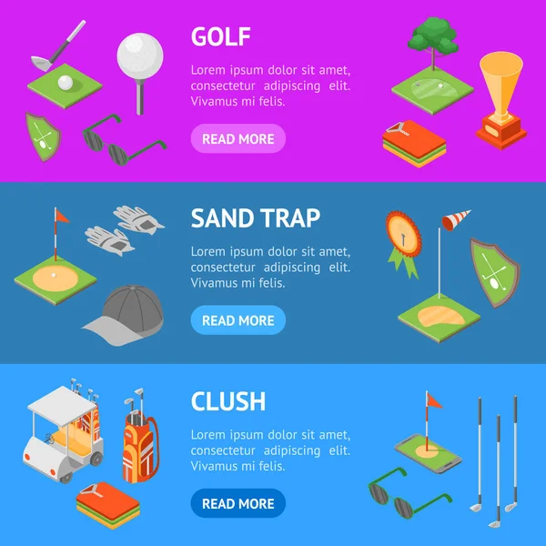 Equipo de juego de golf Banner Horizontal Set Isométrico Vista. Vector — Archivo Imágenes Vectoriales