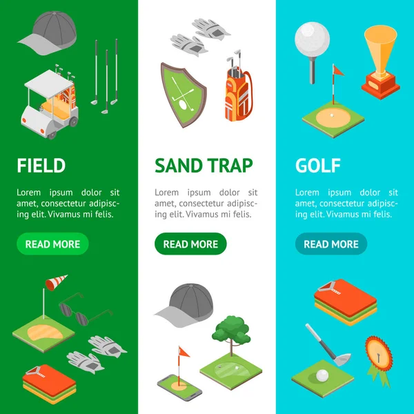 Golf Game Equipment Banner Set Vecrtic Isometric View. Vector — Vector de stoc