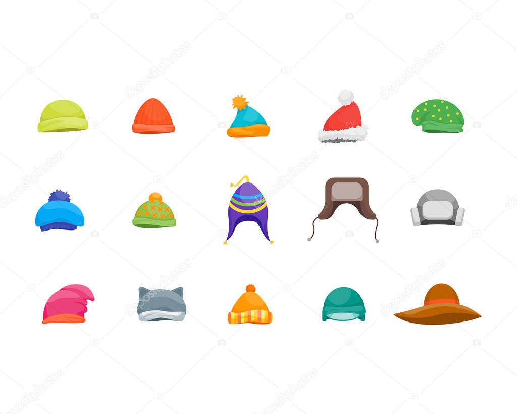 Cartoon Color Winter Hats and Scarves Headwear Icon Set. Vector