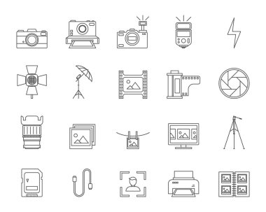 Fotoğraf işaretleri siyah ince çizgi Icon Set. Vektör