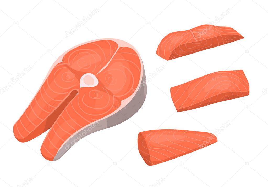 Cartoon Steak and Pieces of Salmon Set. Vector