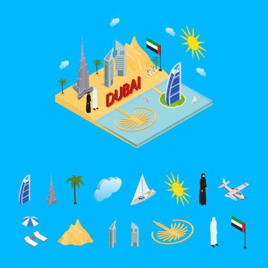 Dubai Birleşik Arap Emirlikleri seyahat ve Turizm kavramı 3d izometrik görünümü. Vektör