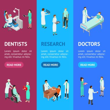 Hemşireler hastalar katılıyor Vecrtical Set izometrik görünümü Banner. Vektör