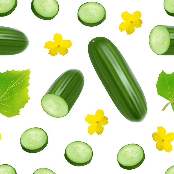 Realista 3d verde entero pepino y rebanadas sin costura patrón de fondo. Vector — Vector de stock