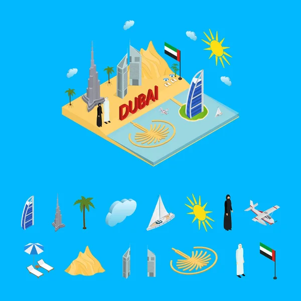 Dubai Uae reizen en toerisme Concept 3d isometrische weergave. Vector — Stockvector