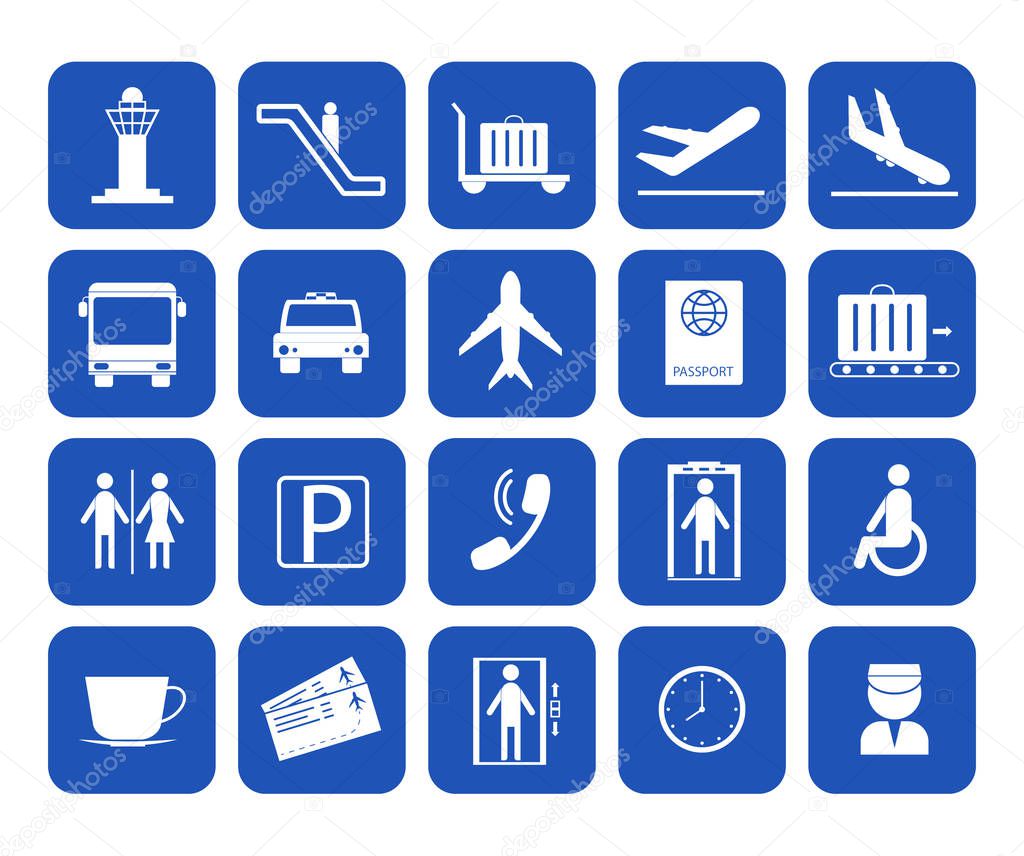 Cartoon Silhouette Airport Icons Set. Vector