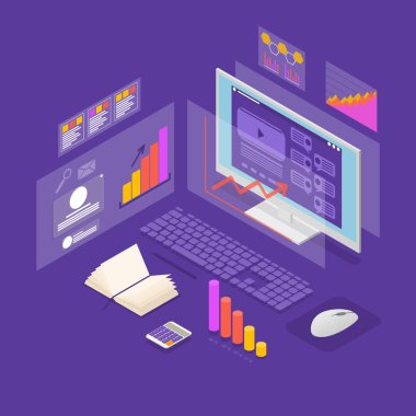 Analiz veri yatırım kavramı 3d izometrik görünümü. Vektör