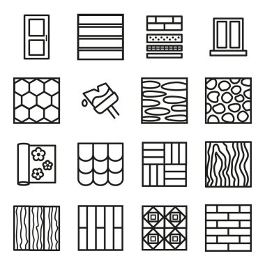 Yapı İnşaat malzemeleri işaretleri siyah ince çizgi Icon Set. Vektör