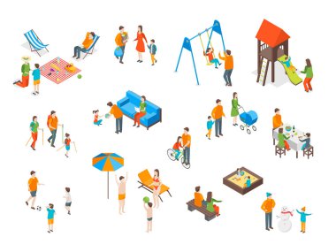 Ücretsiz harcama aileler 3d Icons Set izometrik görüş zamanı. Vektör