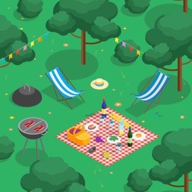 Aile pikniği ile Barbekü izometrik görünümü. Vektör