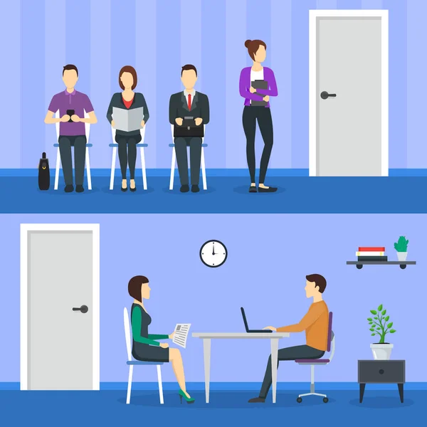 Cartoon People Waiting Job Interview Concept (en inglés). Vector — Archivo Imágenes Vectoriales