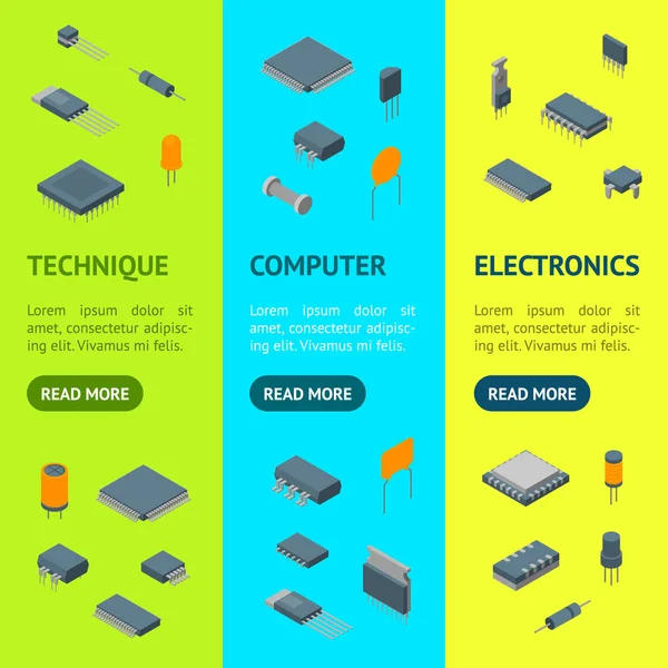 Mikrochip-Computer elektronische Komponenten Banner vektoralen Set isometrische Ansicht. Vektor — Stockvektor