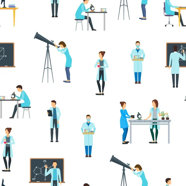 Cartoon Biologists, Chemists and Physicists Seamless Pattern Background (en inglés). Vector — Vector de stock