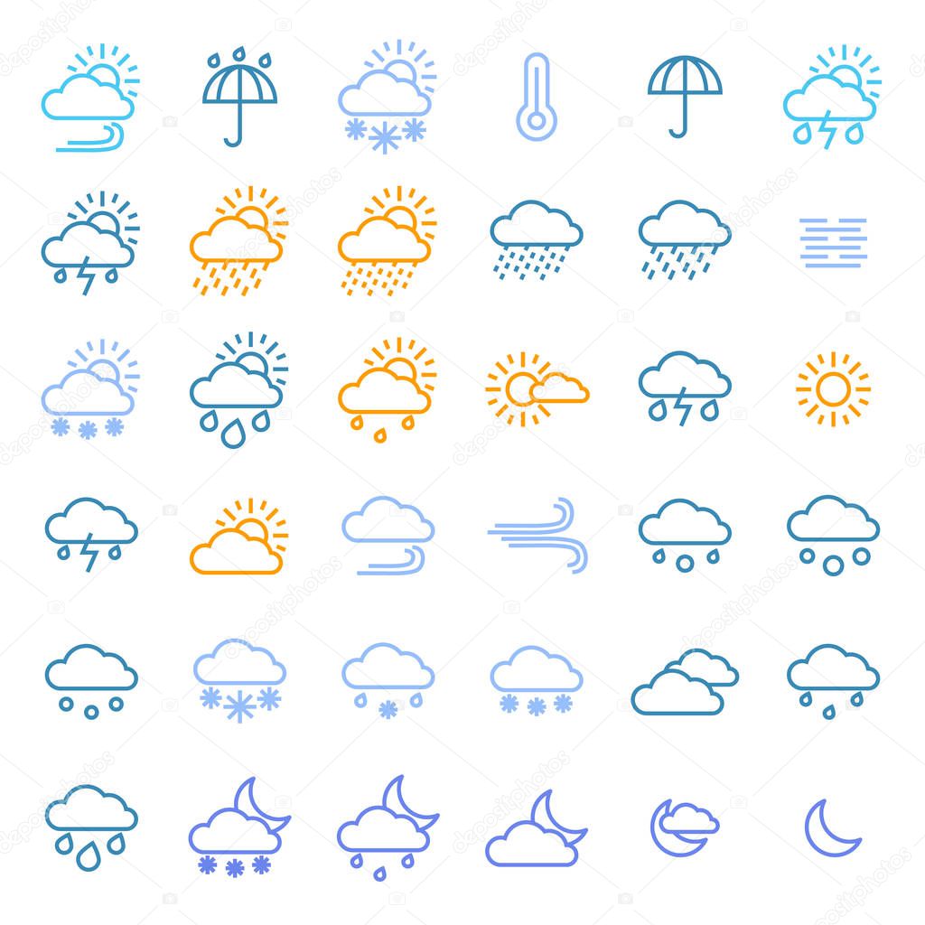 Weather Forecast Signs Color Thin Line Icon Set. Vector