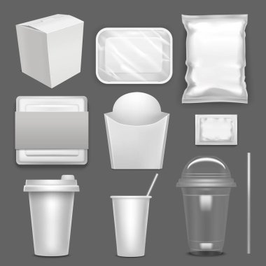 Gerçekçi detaylı 3d beyaz boş Fast Food paket şablonu Mockup küme. Vektör
