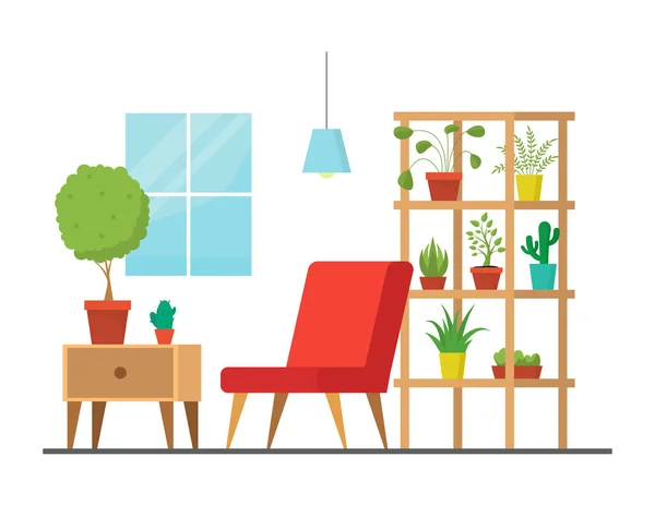 Salle de dessin animé avec des meubles et des plantes. Vecteur — Image vectorielle