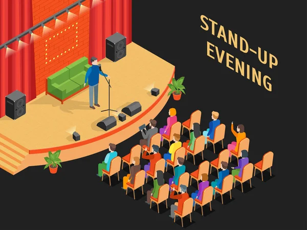 Stand-Up Show Cena e Auditório Vista Isométrica. Vetor — Vetor de Stock