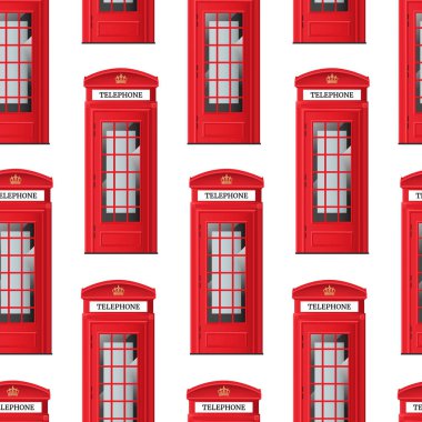Gerçekçi detaylı 3d kırmızı Londra telefon kulübesi Dikişsiz desen arka plan. Vektör