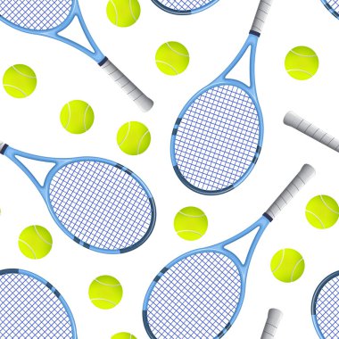 Gerçekçi detaylı 3d tenis raket ve top Dikişsiz desen arka plan. Vektör