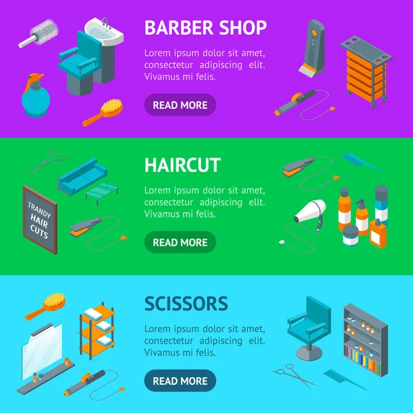 Barber Shop Banner Horizontal Set Isometric View (em inglês). Vetor — Vetor de Stock