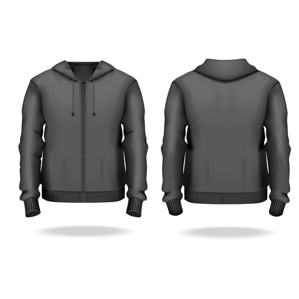 Realistic Detailed 3d Template Blank Black Male Zip Up Hoodie Mock Up. Vector — Stock Vector