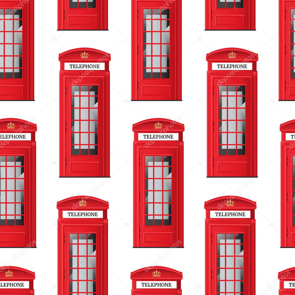 Realistic Detailed 3d Red London Phone Booth Seamless Pattern Background. Vector