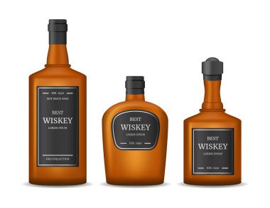 Gerçekçi detaylı 3d viski şişeleri ayarlayın. Vektör