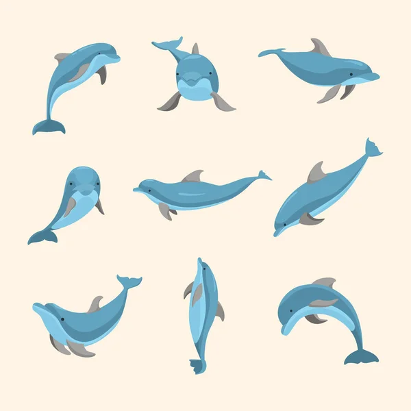 Personajes de dibujos animados divertido conjunto de delfines. Vector — Archivo Imágenes Vectoriales