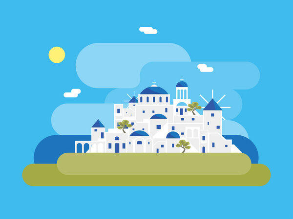 Мультфильм Деревня острова Санторини. Вектор
