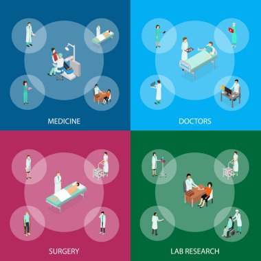 Hemşireler hastalar katılıyor küme izometrik görünümü Banner. Vektör