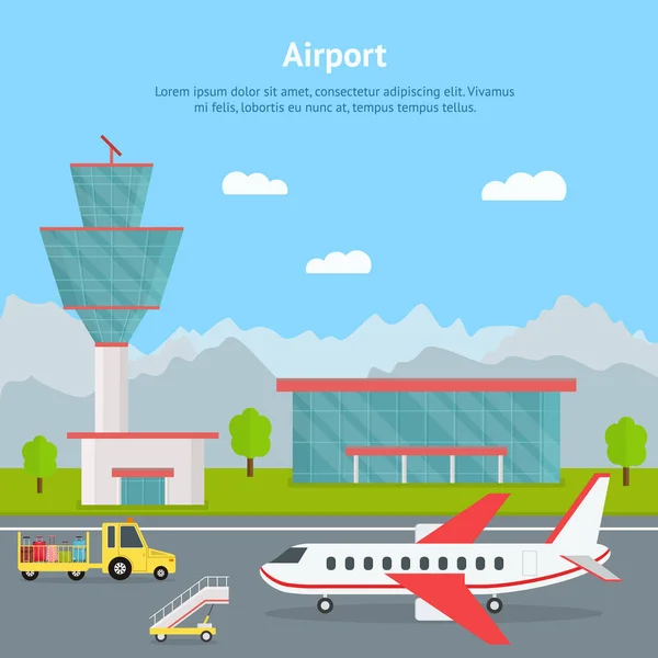 Cartoon Airport Building y Airplanes Card. Vector — Archivo Imágenes Vectoriales